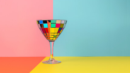 Creative martini glass designed with disco ball tiles on colorful background, surreal mix of nightlife glamour and playful absurdity. Perfect for bar branding, advertising, posters, and digital market
