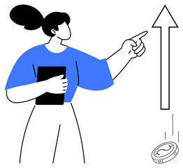 Woman with ponytail holds tablet, points to upward arrow near a falling coin. Ideal for success, finance, leadership, growth, investment, economy education. A simple flat metaphor