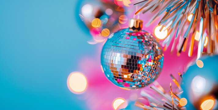 Minimal surreal Christmas tree decorated with disco ball ornaments in pastel tones, festive humor and retro glamour combined. Perfect for seasonal campaigns, holiday branding, and creative social medi