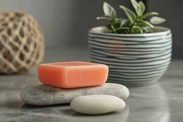 A soft pink bar of soap sits atop stones, balanced by a decorative bowl with teal stripes.