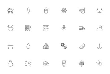 Travel and Holiday icon set. Vector illustration. Inludes symbols for yacht, suba diving, pineapple, watrmelon, caravan, beach andmore. Editable stroke.