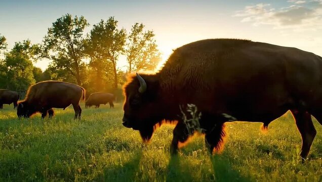 American bison grazing in a lush green field at golden hour with trees in the background