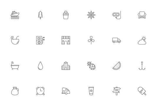 Travel and Holiday icon set. Vector illustration. Inludes symbols for yacht, suba diving, pineapple, watrmelon, caravan, beach andmore. Editable stroke.