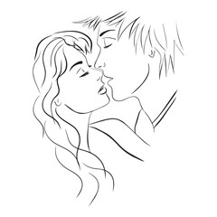 Kiss  love  girl and boy relationship. Isolated image hand draw contour on a white background.