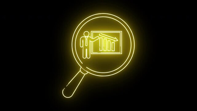 Illuminated neon yellow sketch of presenter chart showing downward trend in magnifying glass against stark black backdrop