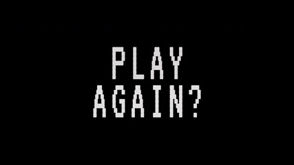 Retro pixel art text PLAY AGAIN?' flickers on a black background, simulating a vintage arcade game screen. 4K video text animation for vintage arcade game intro.