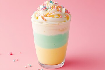 A layered, pastel-colored smoothie, topped with whipped cream and colorful sprinkles, sits on a pink background.