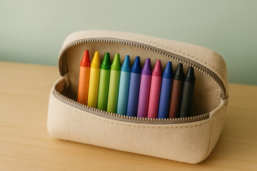 Colorful wax crayons neatly arranged in a beige pencil case on a wooden table against a pastel background