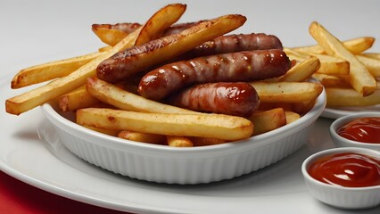Crispy French Fries with Grilled Sausages and Ketchup – Gourmet Fast Food in White Bowl