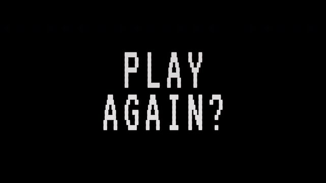 Retro pixel art text PLAY AGAIN?' flickers on a black background, simulating a vintage arcade game screen. 4K video text animation for vintage arcade game intro.