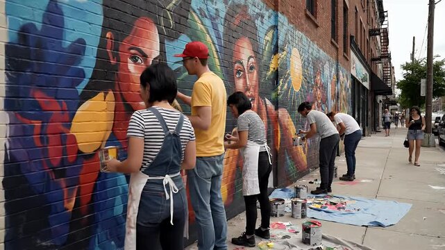 Diverse group collaborates creating vibrant community mural on urban street, fostering creativity and connection outdoors