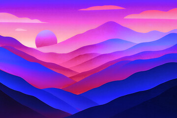 Surreal sunset mountain landscape with glowing sun, layered ridges, and vibrant gradient sky—dreamy background for nature-inspired, artistic, and creative design projects