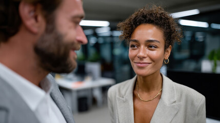 A candid moment showcasing a meaningful discussion between two professionals in a modern office setting, reflecting collaboration and workplace connection.