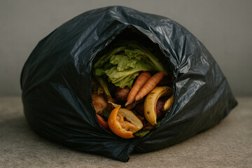 Fresh food waste in open black garbage bag highlighting issue of discarded vegetables, fruits, and household organic material
