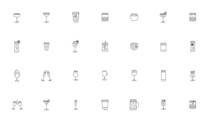 Cocktail Party icon set. Vector illustration. Minima line icons pack. IncludesCocktail, Martini, Whiskey Gin Tonic, Champagne, Win, Beer and more. Editable troke.