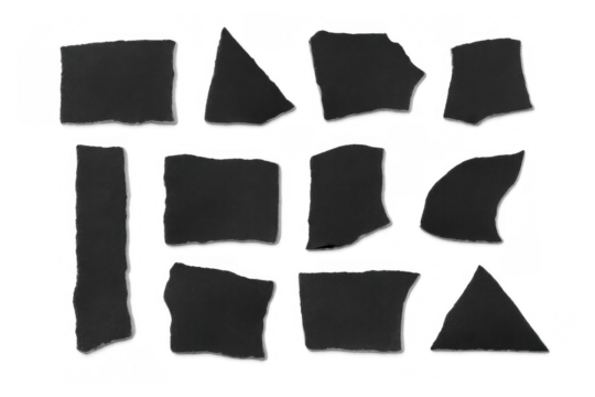 Torn black paper pieces illustrating ripped note texture and design elements with space for text, transparent background