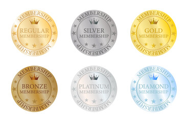 外周に「MEMBERSHIP」文字を配した重厚なメタル風デザインの会員ランクメダルセット｜6段階のメンバーシップバッジコレクション