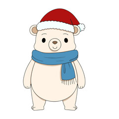 Cute Santa Polar Bear with Scarf. Christmas Winter Cartoon Illustration