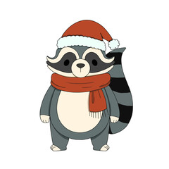 Cute Santa Raccoon with Scarf. Christmas Winter Animal Illustration
