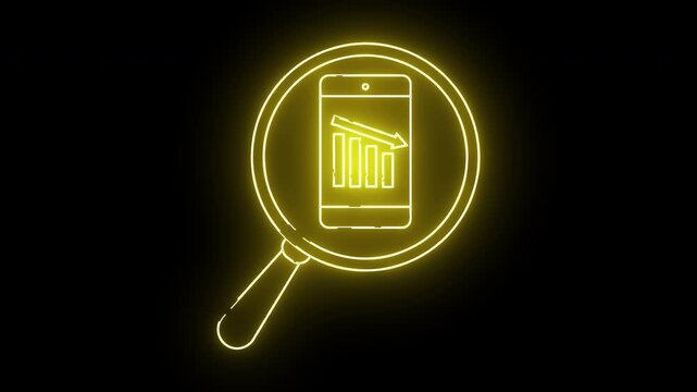 Illuminated outline of a magnifying glass showing a phone displaying a downward trending bar graph