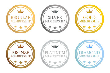 王冠と星を中央に配置した6種類の会員ランクバッジセット｜清潔感と高級感を両立したメンバーシップレベルデザイン（ベクター素材）