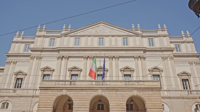 Front View of La Scala Theatre in Milan, Italy,filmed on September 15, 2025.