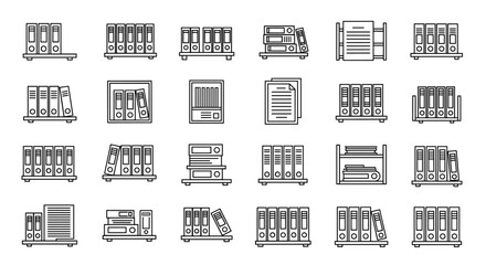 Collection of outline icons representing shelved documents, binders, and files, presented in a sketch-like, editable stroke style, perfect for infographics, articles, books, flyers, and banners