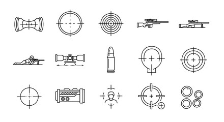 Diverse Sniper Target and Aim Related Outline Icon Collection, Featuring Crosshairs, Scopes, and Targeting Systems, Perfect for Infographics, Articles, Books, Flyers, Banners, and Vector Cartoon