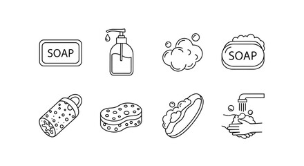 Minimalistic linear pictograms of hygiene and cleaning items, including bar soap, liquid soap dispenser, bubbles, a shower sponge, a loofah, and hands being washed under a faucet, perfect for web