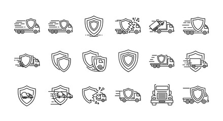Set of linear vector cartoon illustrations depicting trucks and shields, symbolizing secure and fast delivery, insurance, and protection. Each icon is hand-drawn with thin lines on a white