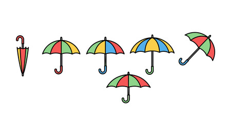 Collection of colorful umbrellas and parasols in various states of opening and closing, presented as vector cartoon illustrations with a clean, modern aesthetic, perfect for graphic design, book