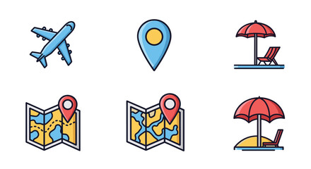 Vibrant flat design vacation icon pack featuring a stylized airplane, a map with a pin, a location marker, and a beach umbrella with a lounge chair, perfect for travel-themed designs, digital art