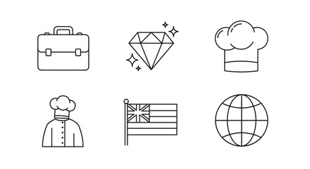 Collection of simple linear outline icons representing business, luxury, culinary arts, national identity, and global connectivity, perfect for web, print, and app design with editable strokes.