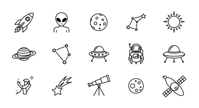 Set of cosmos-related line icons, including a planet, sun, and moon outline signs, perfect for graphic and web design, apps, adverts, and various cards, presented as a vector cartoon illustration for
