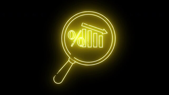 Illuminated yellow outline shows a magnifying glass focusing on a decreasing bar graph with a percent symbol and a downward pointing arrow