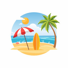 Fototapeta premium Beach scene with umbrella, surfboard, palm tree, and ocean in a round frame