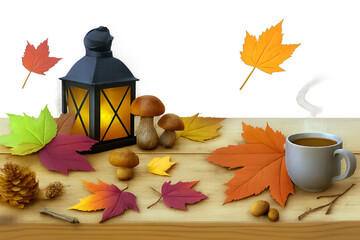 autumn still life with a cup of tea - Autumn Still Life with Lantern, Hot Drink, Mushrooms, and Falling Leaves – Cozy Seasonal Composition on White Background Evoking Fall and Harvest Atmosphere