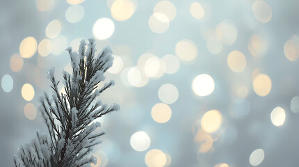 A minimalist Christmas background with a single frosted pine branch and twinkling bokeh lights.