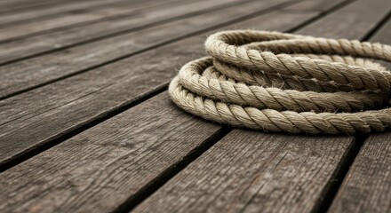 Obraz premium A close-up view of coiled nautical rope resting on old, weathered wooden decking, suggesting maritime history and sea travel adventure ,ship ,rigging ,line