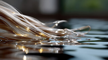 A close-up of soft, shimmering hair seamlessly blending into the reflective surface of water, creating an emotionally charged, peaceful visual narrative in natural light.