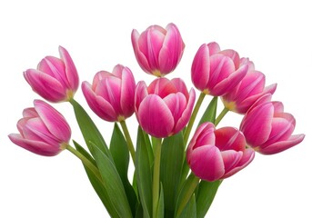 Fototapeta premium A delicate collection of vibrant pink tulips captured in a studio setting, isolated on a crisp white background, symbolizing springtime beauty and grace ,gift ,petal ,isolated
