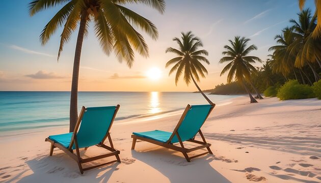 Two empty teal beach chairs under palm trees facing ocean sunset