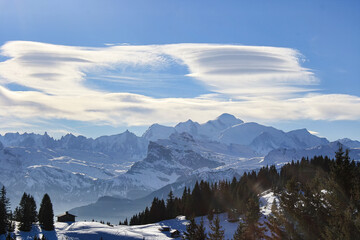 Beautiful view of Mont Blanc massif seen from Avoriaz ski resort in the French Alps. Snow-covered...