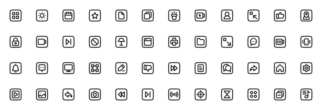 User Interface icon set. Minimal vector UI icons pac. Includes symbols for app, brightness, calendar, str, file, settings, chat, bttery, lock, pencil, camer, and more. Editable strok.