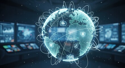 Secure global network connecting the world, a modern digital future with data streams and interactive globe in a high tech monitoring room for security and surveillance