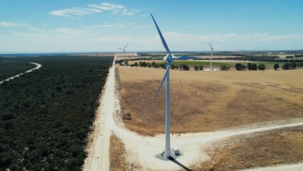 Wind turbines stand tall in a vast landscape of fields and trees under a clear blue sky during daytime