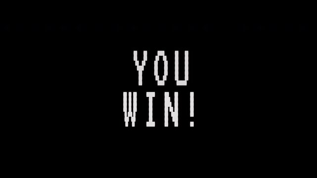 Animated pixel art text 'YOU WIN!' flashes on a black screen, signaling victory. 4K video text animation for vintage arcade game intro.