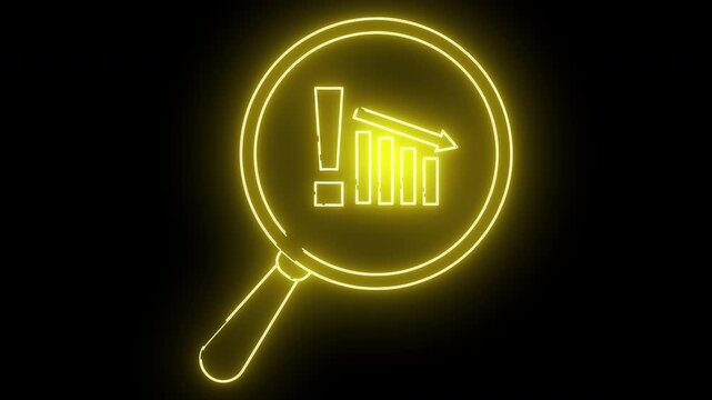 Neon yellow magnifying glass reveals a descending bar graph with an arrow