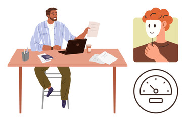 Man at desk with laptop and documents, person holding mask symbolizing identity, speedometer indicating performance. Ideal for workplace behavior, authenticity, productivity, evaluation