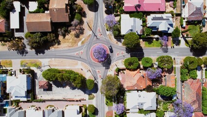 View of a suburban roundabout surrounded by colorful houses and blooming trees in a clear daylight setting
